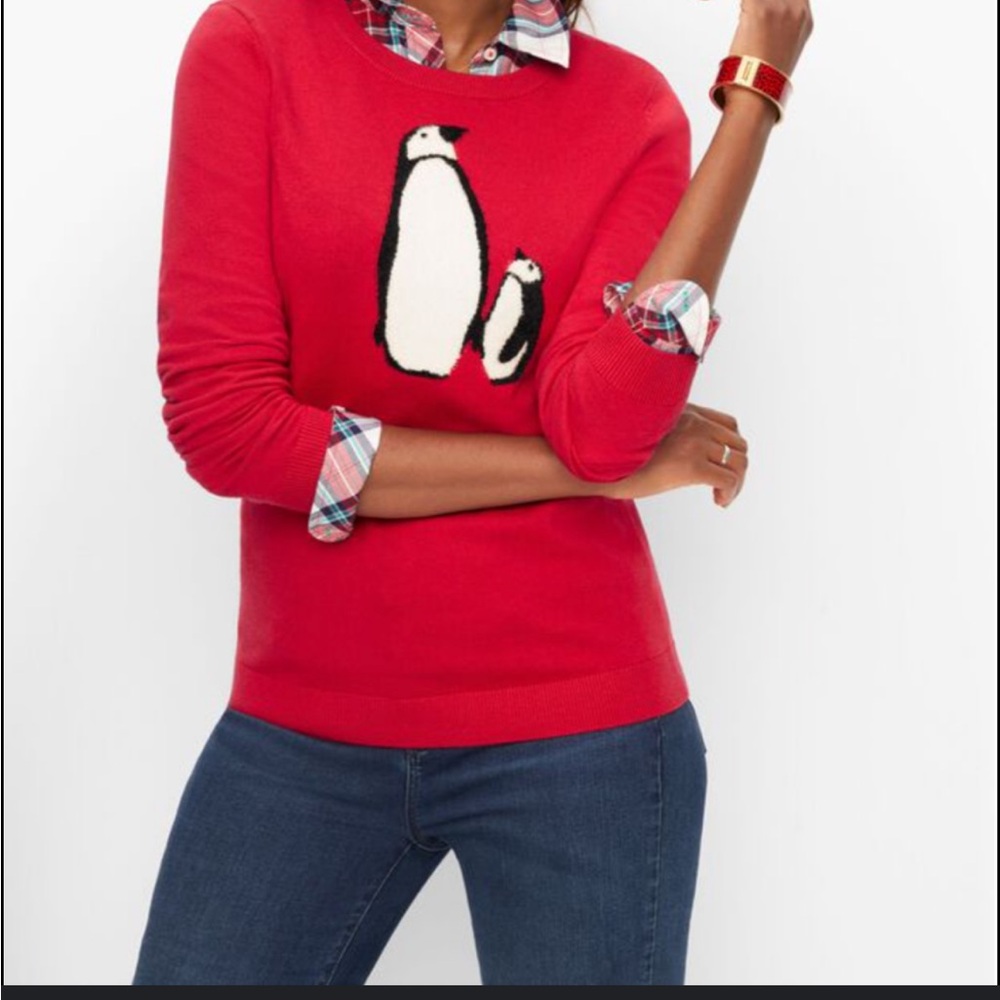 Talbots Vibrant Red Sweater with Penguin Motif‎ Size Large